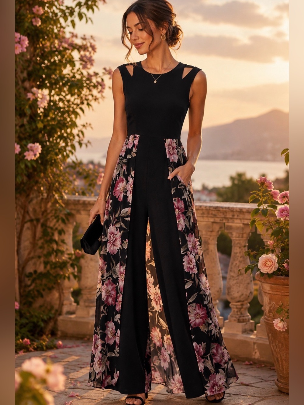 Alexa B Petite Floral Wide Leg Jumpsuit 4P Black Chiffon Overlay Dressy Romper